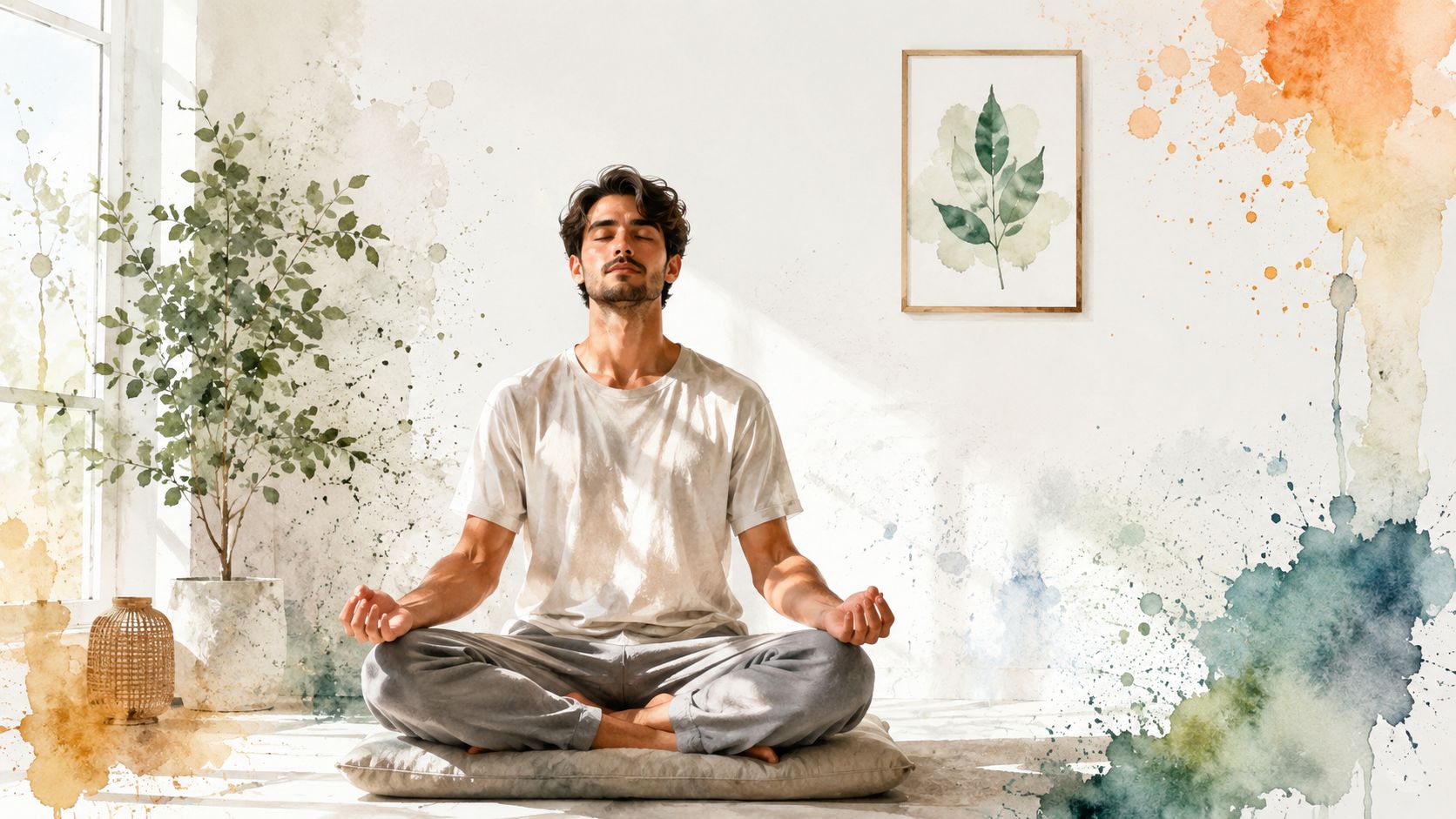 A man in a white t-shirt sitting in a meditative pose on a floor cushion inside.