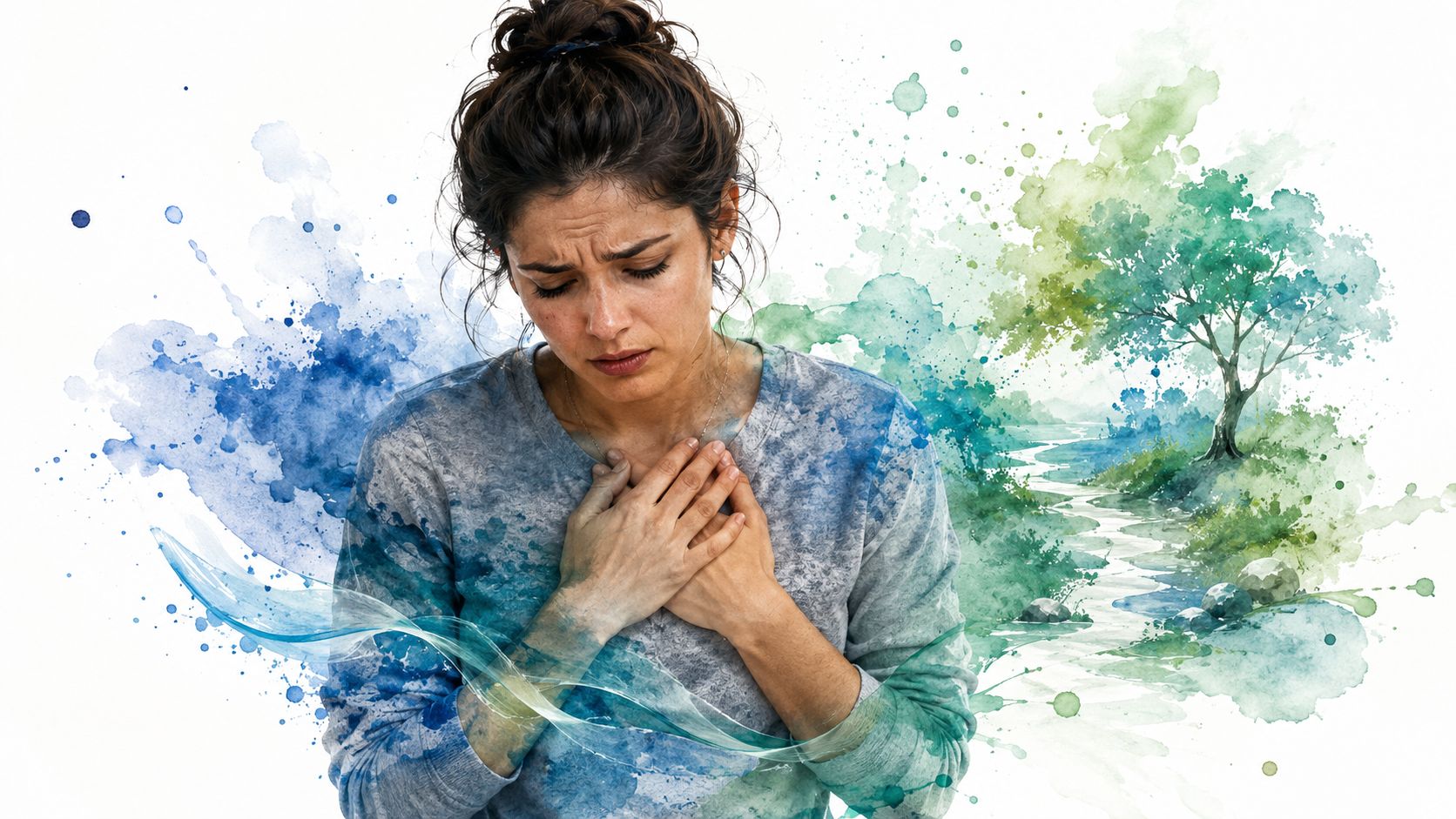 A young woman appearing anxious or distressed, surrounded by expressive watercolor splashes depicting nature and flowing water.