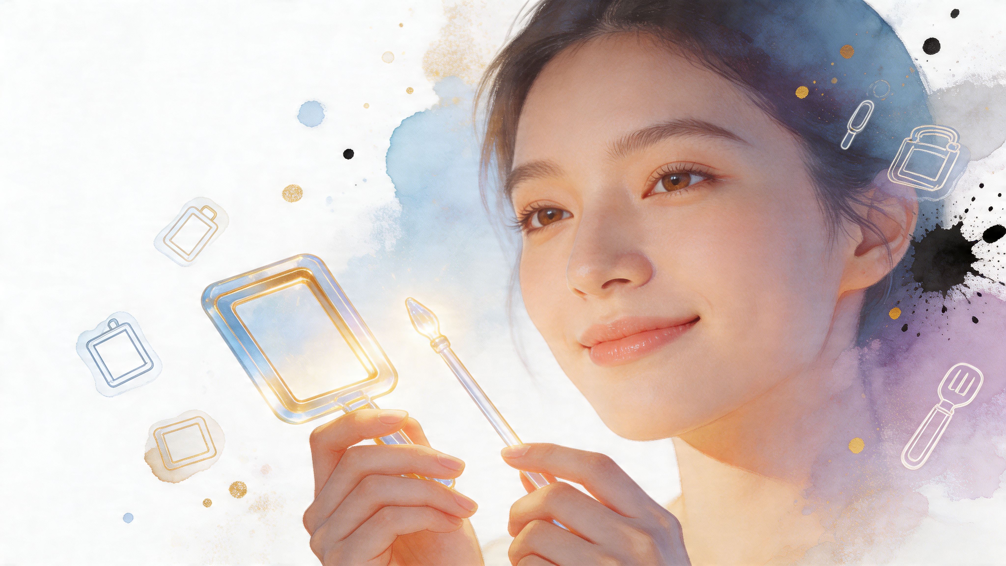 A young woman smiling while holding a cosmetic mirror and makeup applicator brush in a soft, dreamy illustration.