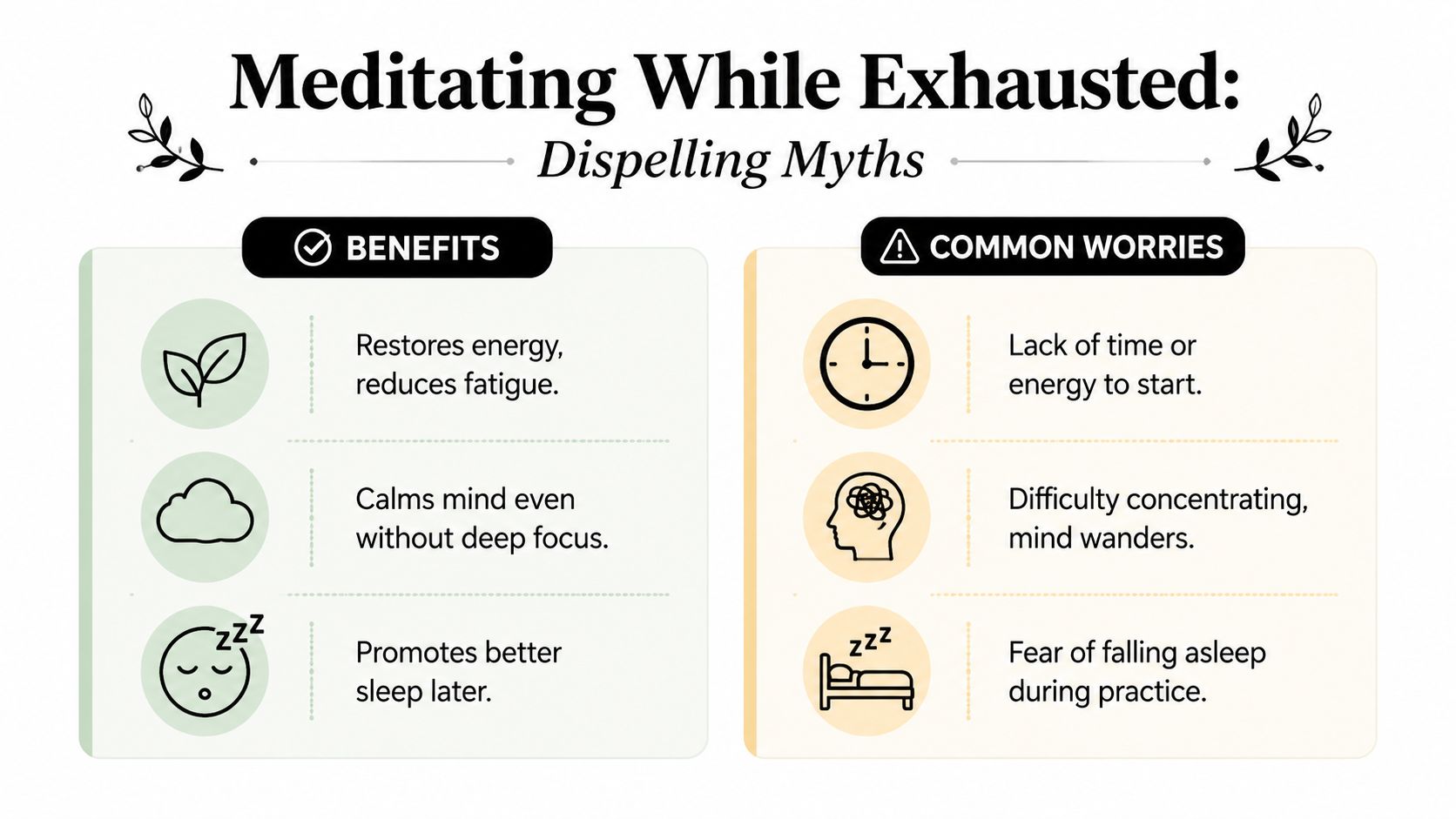 An infographic titled Meditating While Exhausted detailing the benefits of meditation and addressing common worries.