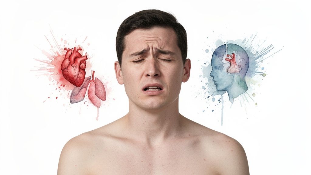 A distressed man with illustrations of heart and lungs, and a head with a heart inside.