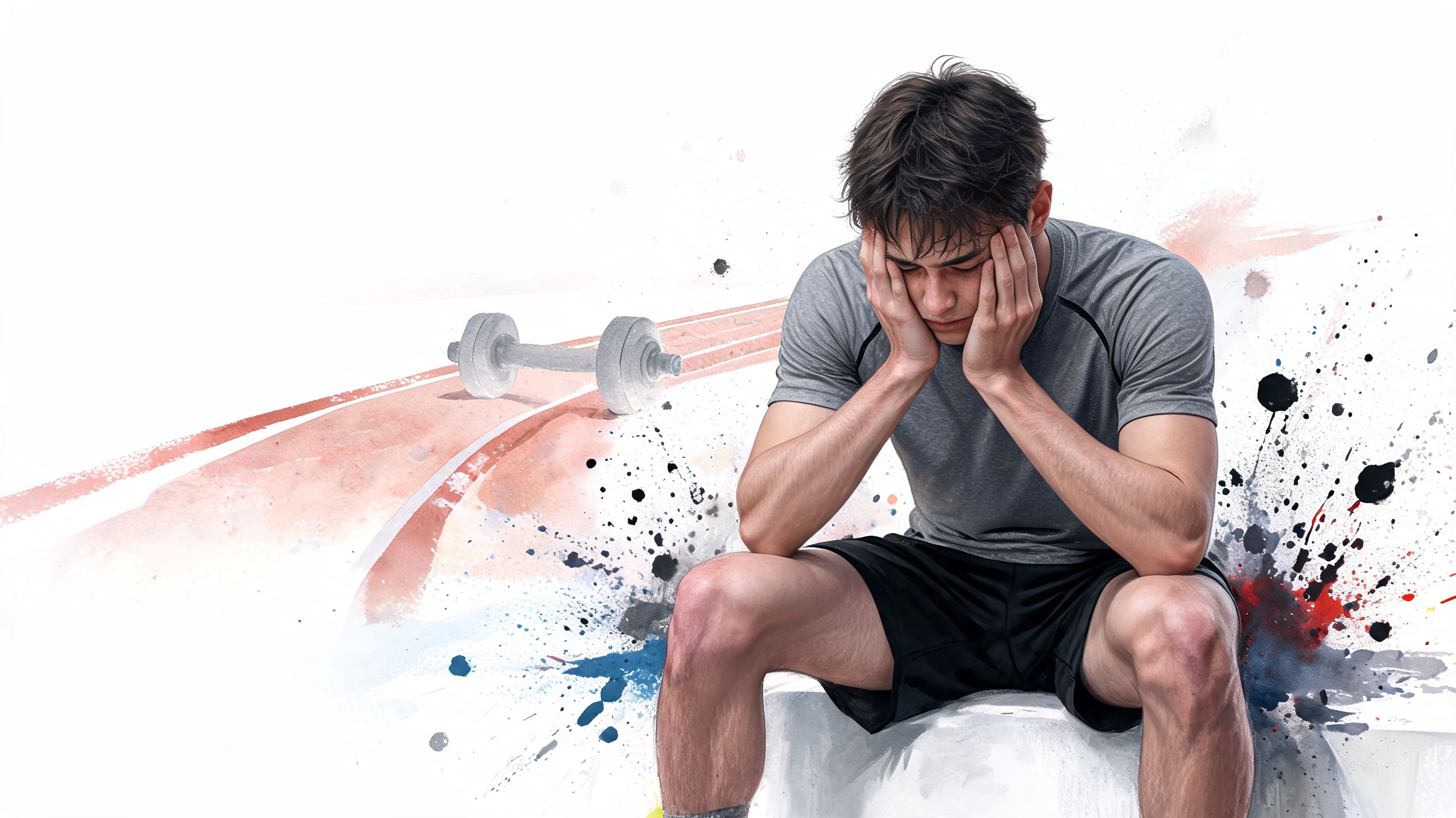 A young athlete sitting down looking stressed and frustrated with a running track and dumbbell background.