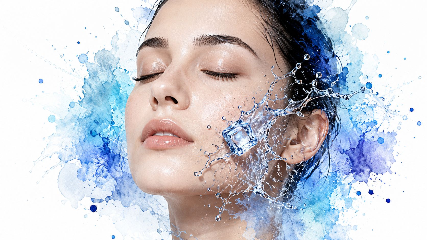 A young woman with glowing skin enjoys a refreshing water splash treatment with an ice cube.