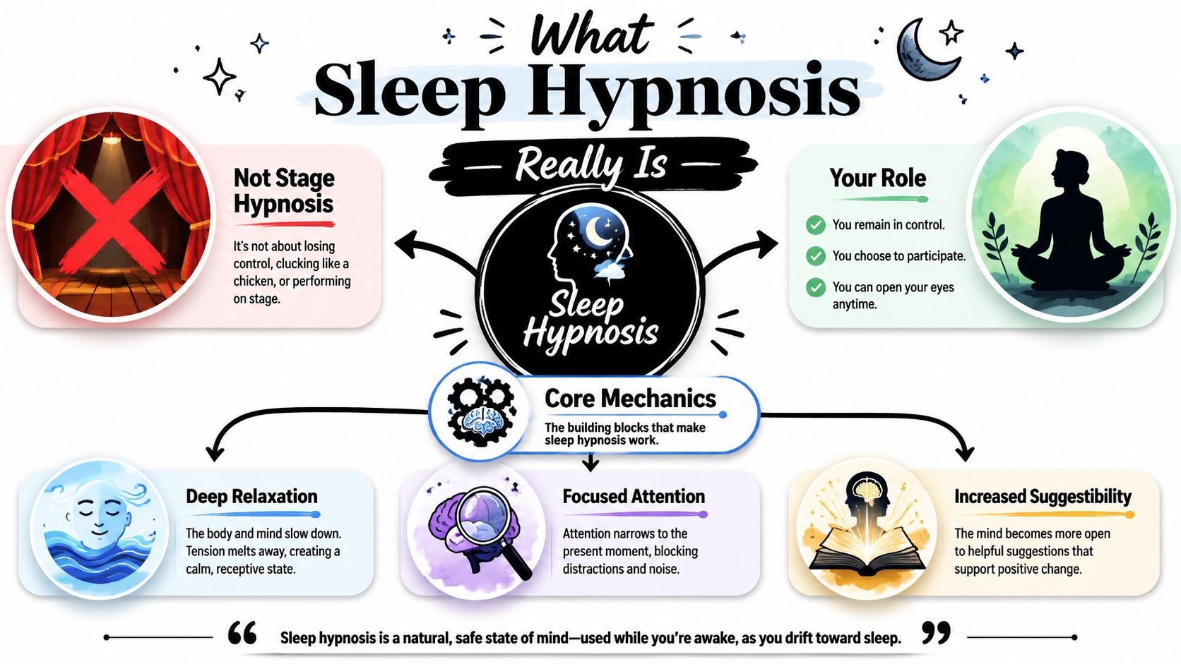 An infographic explaining sleep hypnosis, highlighting that it is safe, relaxing, and not like stage hypnosis.