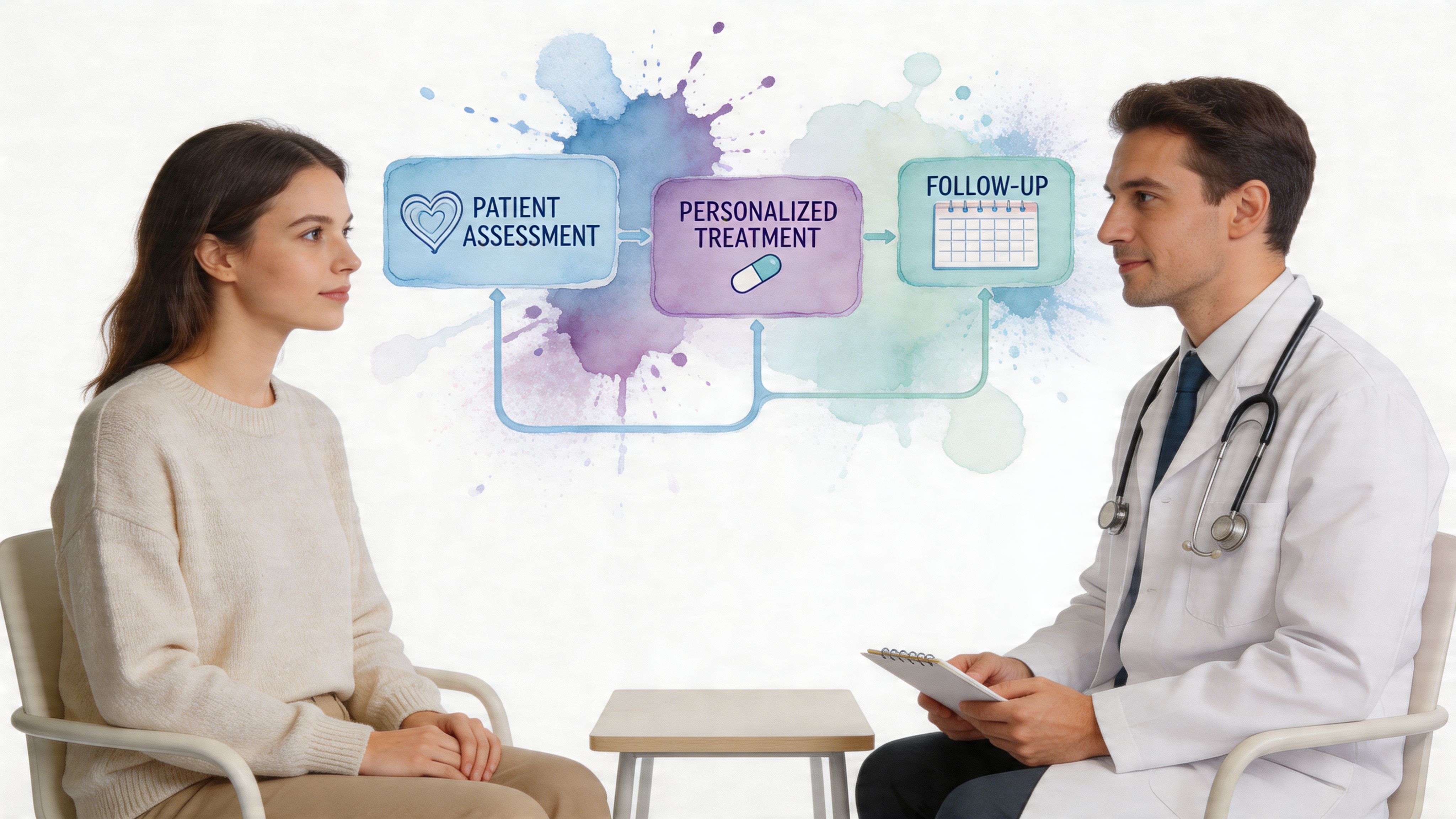 A doctor in a white coat consulting with a female patient, with a flow chart diagram visible between them.