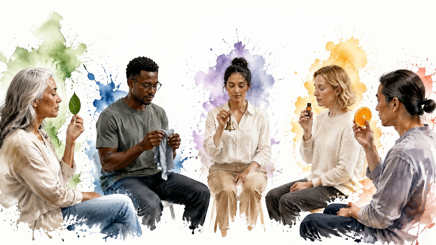 A diverse group of people sitting in a circle practicing mindfulness and sensory coping skills together.