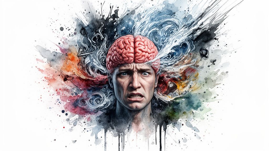 A distressed person with a prominent brain illustration surrounded by abstract watercolor splashes representing mental chaos and confusion.