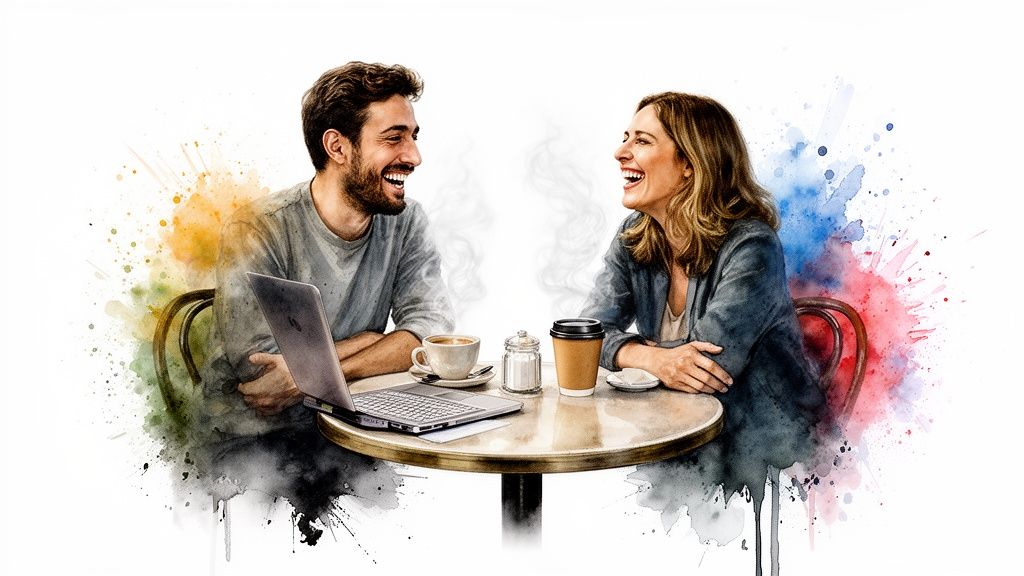 Two people laughing and talking over coffee with a laptop at a cafe, in a vibrant watercolor style.