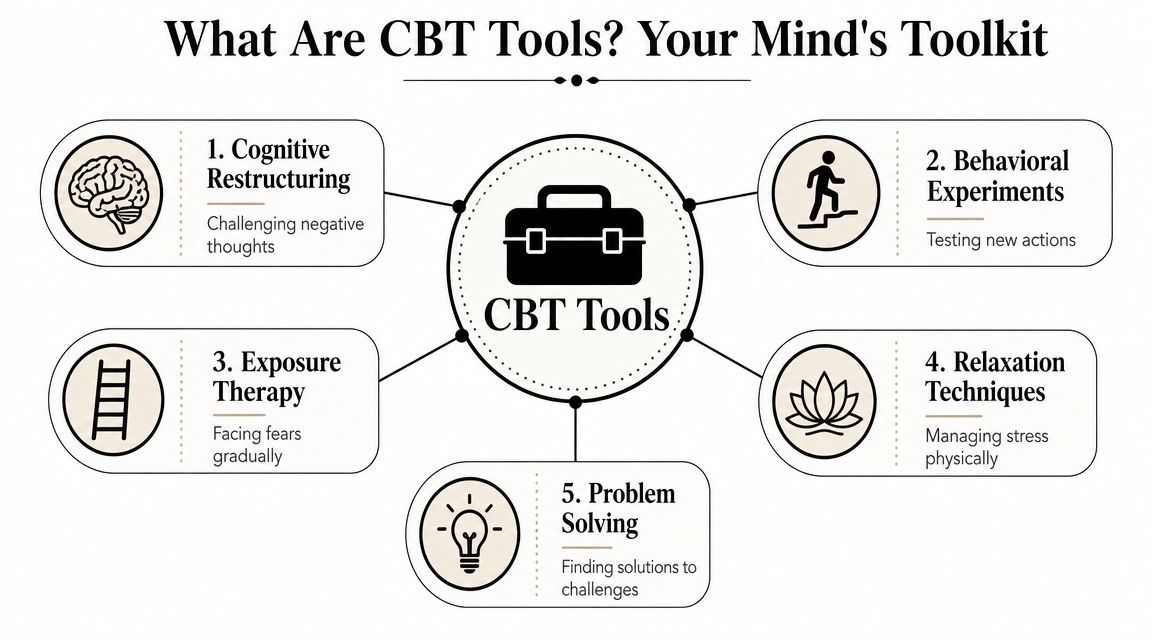 A diagram illustrating five essential cognitive behavioral therapy tools for managing mental health and wellness.