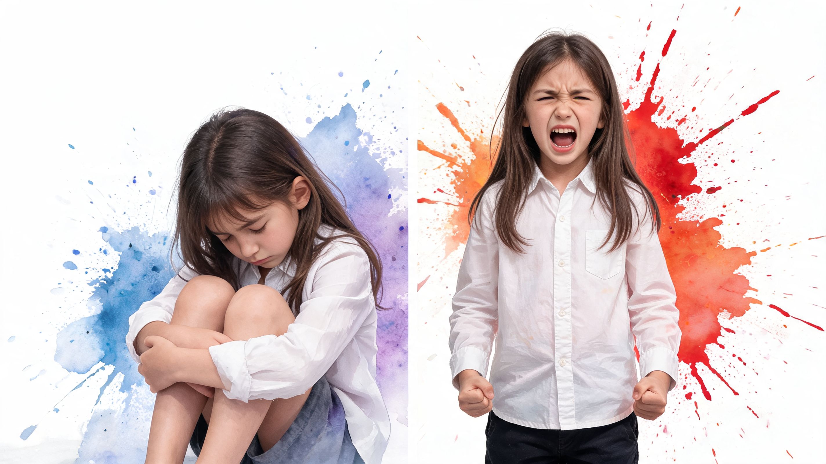 A split screen showing a young girl in white shirt displaying sadness and anger with colorful paint splashes.
