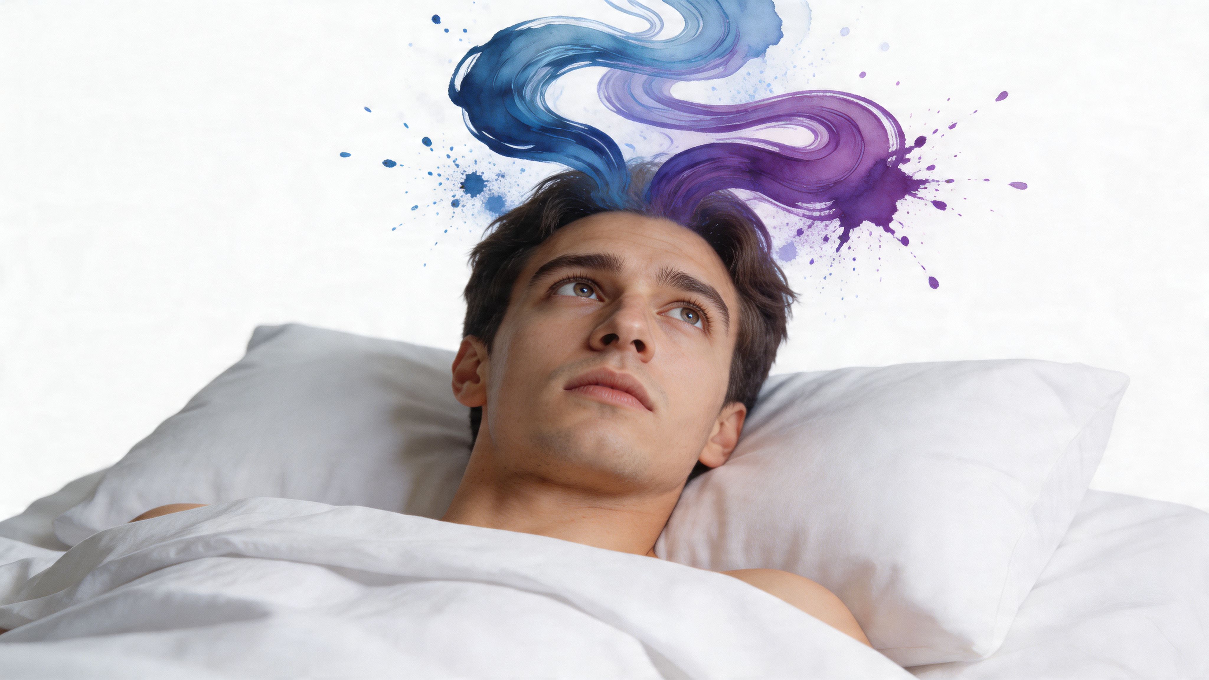 A young man lying in bed awake with artistic blue and purple watercolor smoke rising from his head.