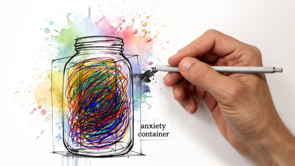 A hand draws a jar filled with colorful scribbles, labeled 'anxiety container', with watercolor splashes.