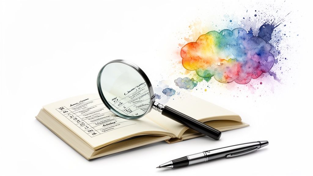 Magnifying glass examining notes in a notebook, with a pen and colorful watercolor creativity bubbles.