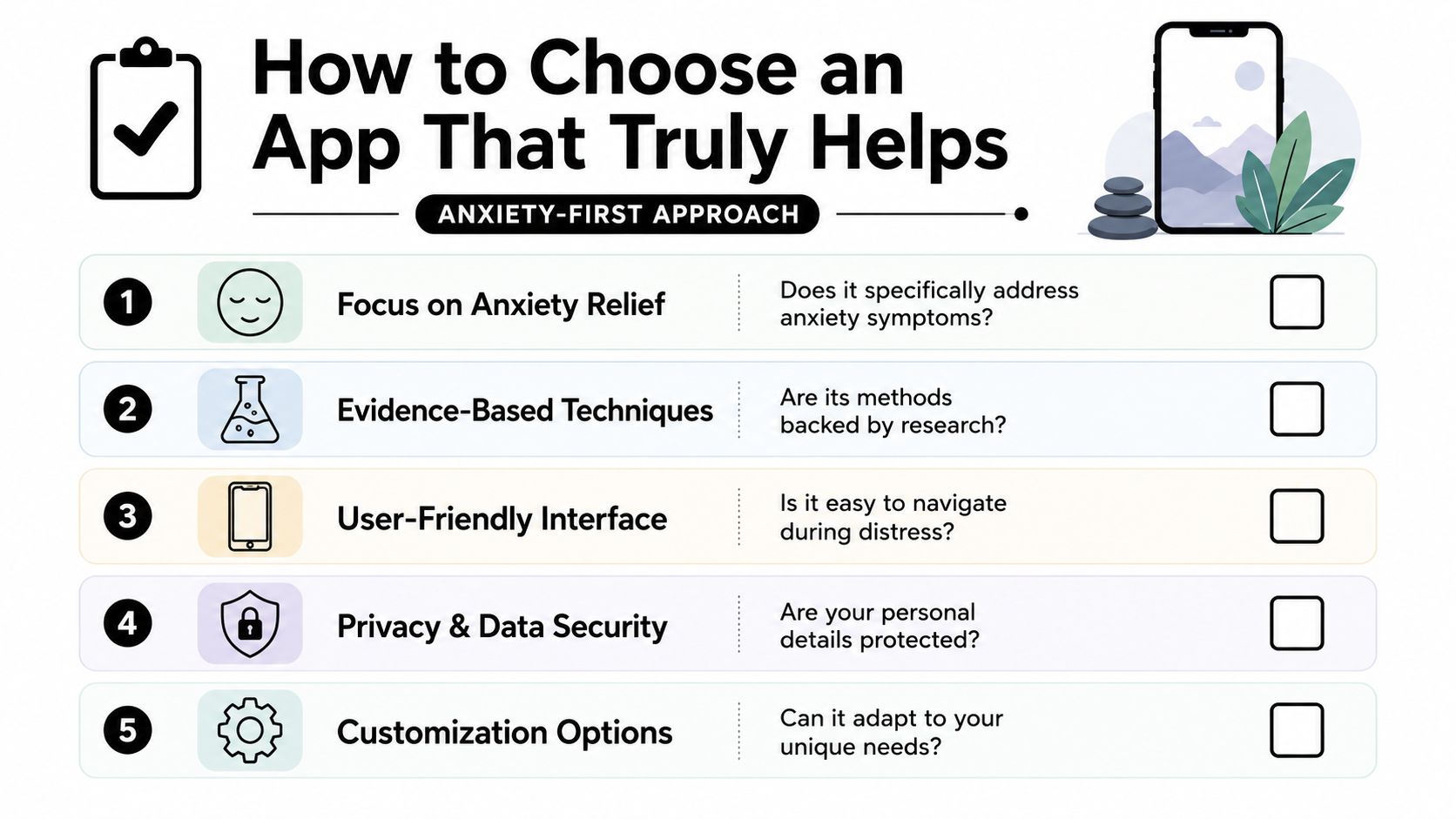 A checklist infographic titled How to Choose an App That Truly Helps, featuring five essential evaluation criteria.