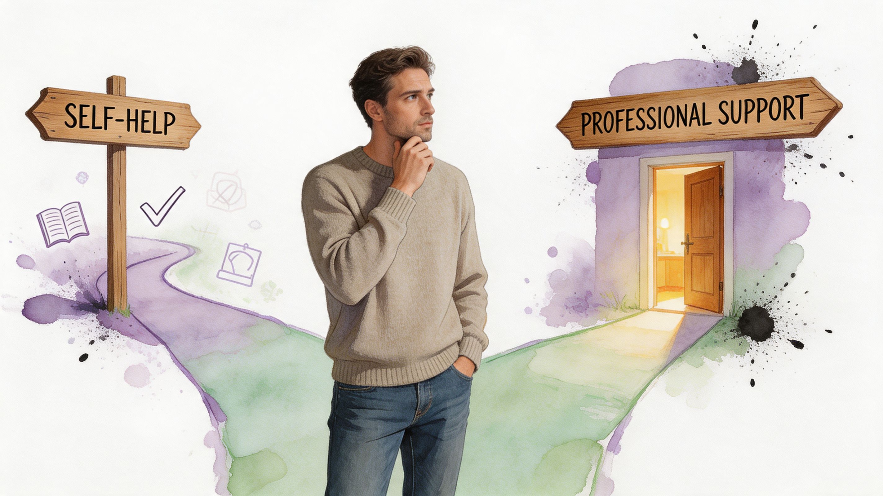 A man standing at a fork in the road choosing between self-help and professional support options.