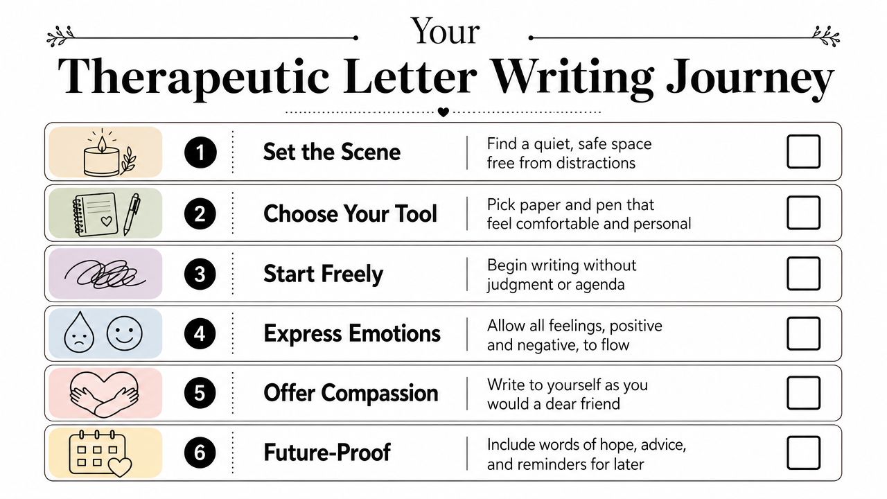 A six-step infographic guide for writing a therapeutic letter to self to process emotions and practice self-compassion.