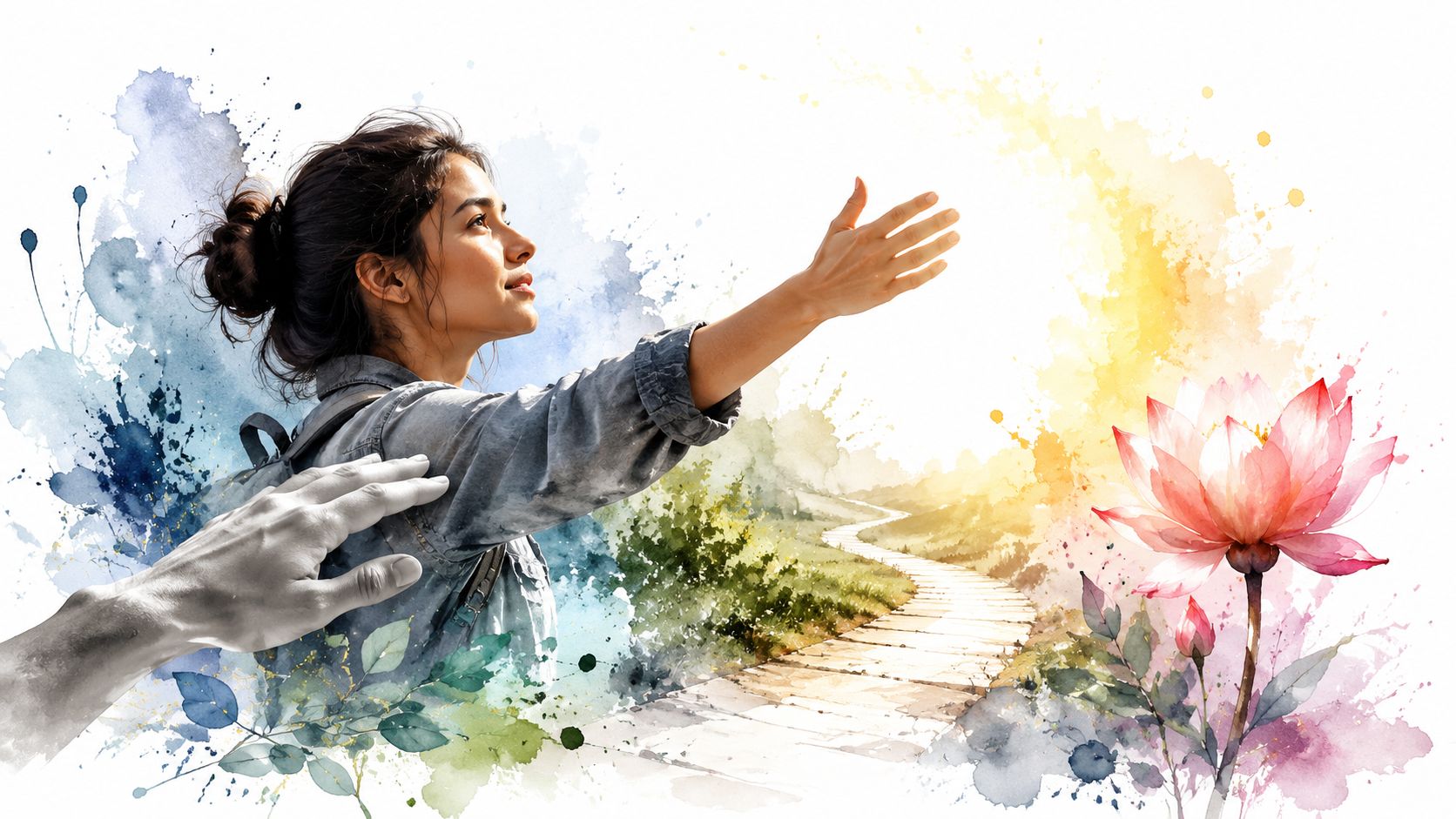 A woman reaching towards a glowing light near a lotus flower while being guided by a hand.