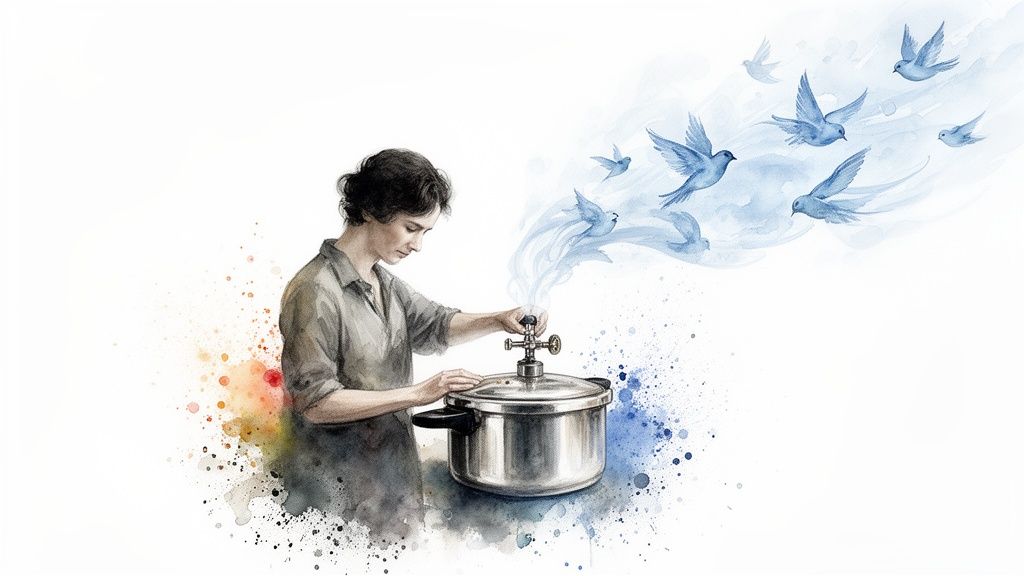 A woman releases a pressure cooker, allowing blue birds to escape, symbolizing freedom and relief.