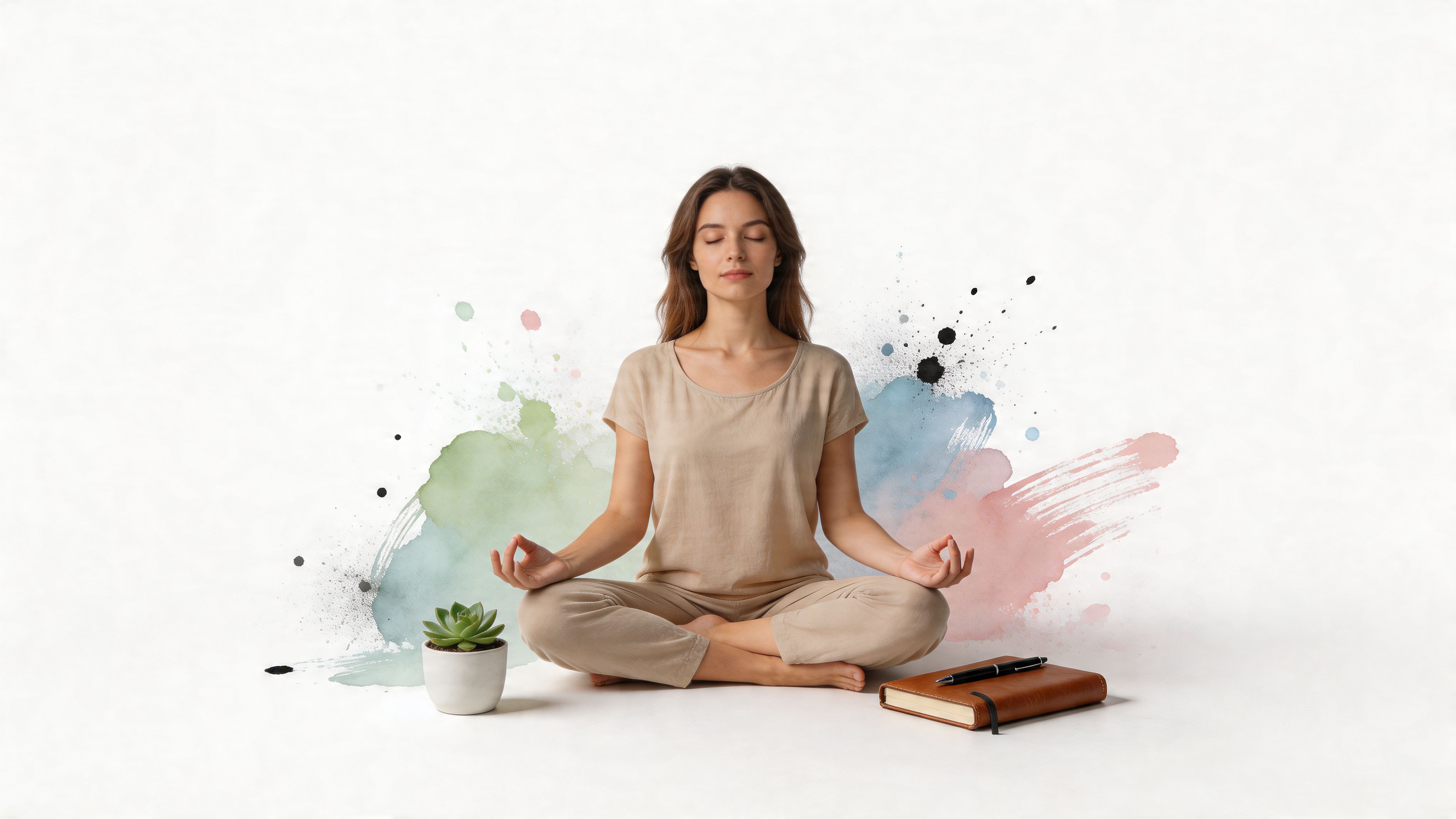 A young woman in comfortable clothing meditating in a peaceful pose, surrounded by artistic watercolor paint splatters.