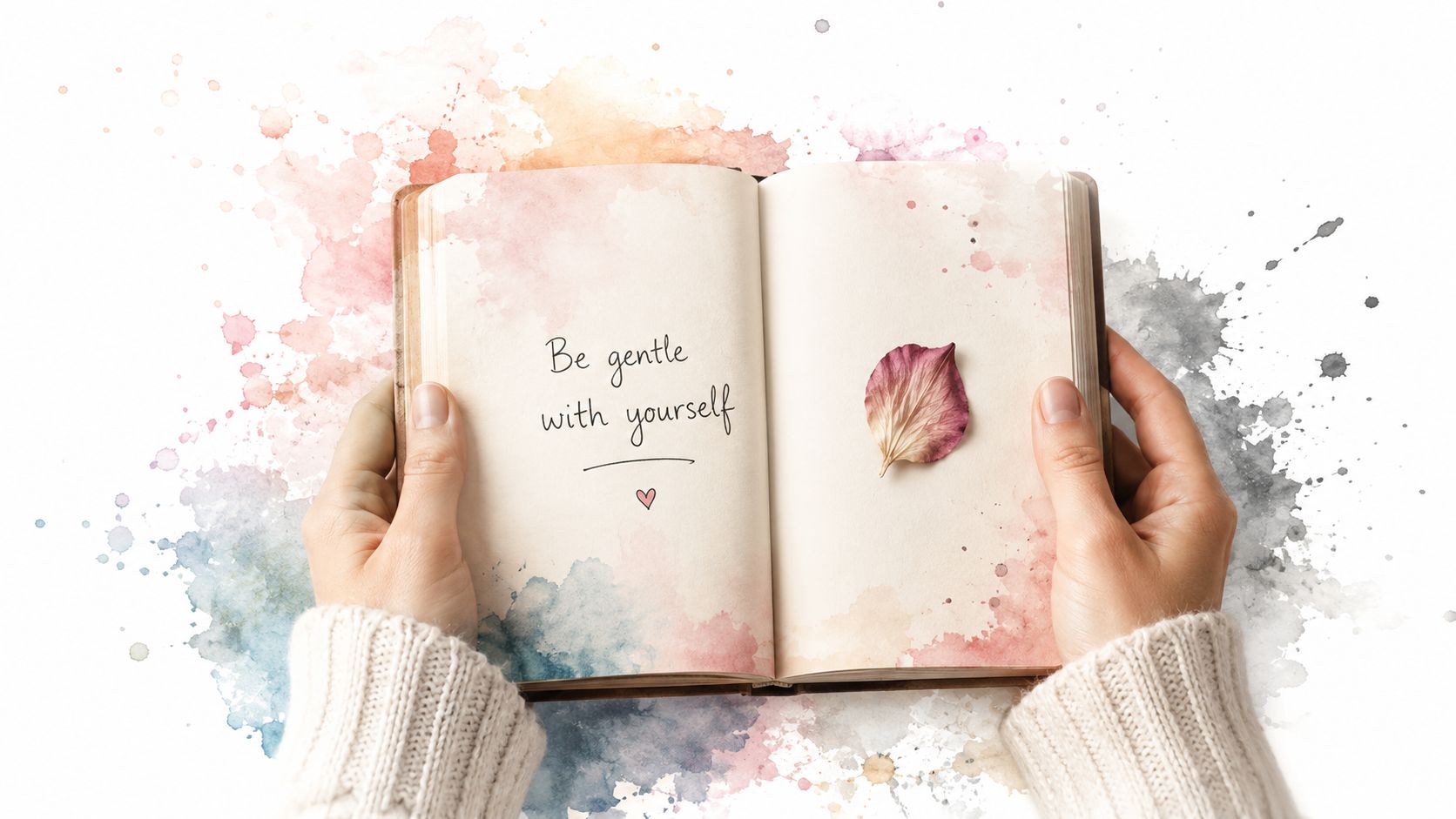 A person wearing a white sweater holding an open journal with the words Be gentle with yourself written.