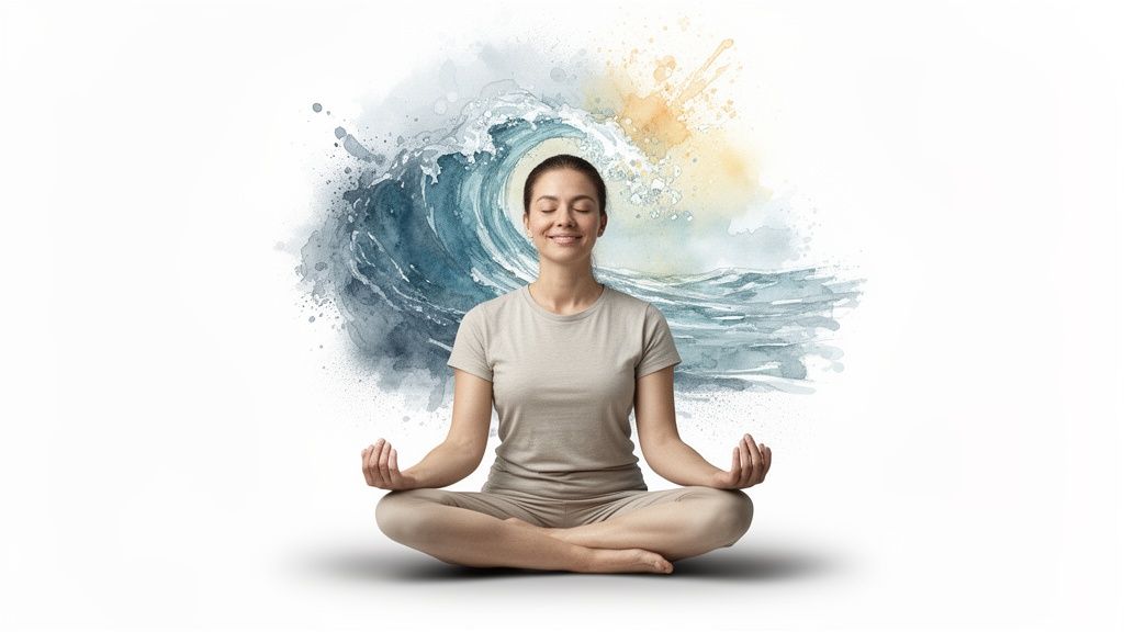 A peaceful woman meditating in lotus pose with closed eyes, against watercolor ocean waves.