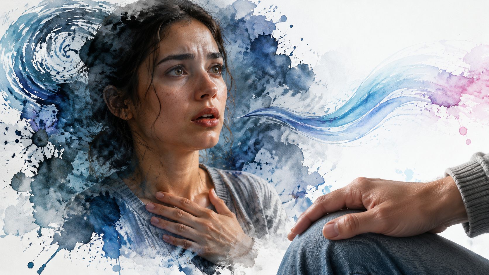 A person offering comfort and support to a woman experiencing a visible panic attack or distress.