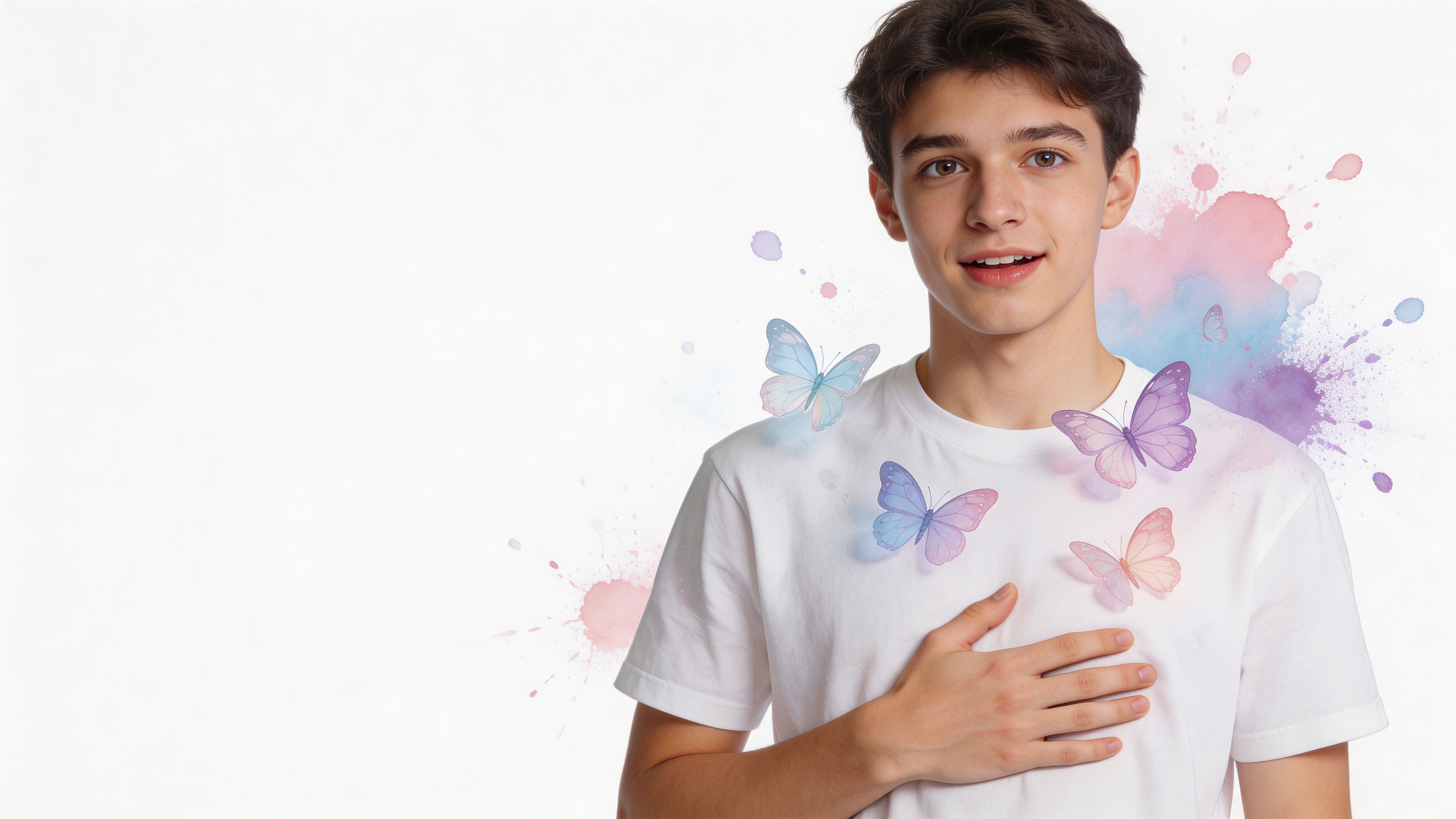 A young man with a friendly smile touching his chest with gentle watercolor butterflies surrounding him.