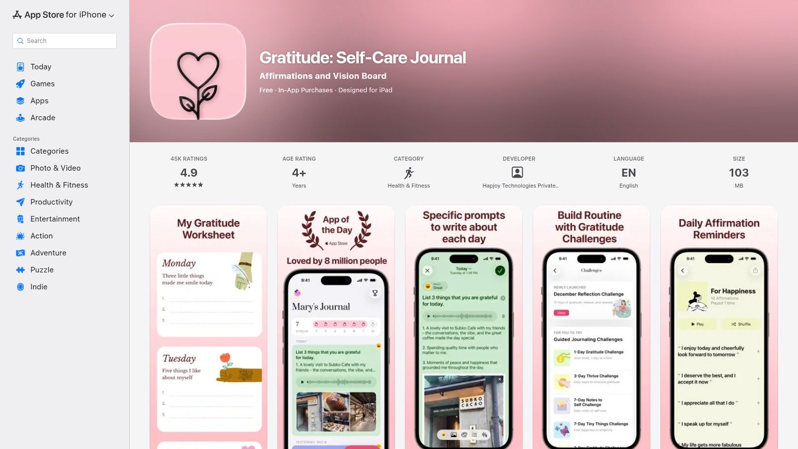 Gratitude: Self‑Care Journal (includes Affirmations)