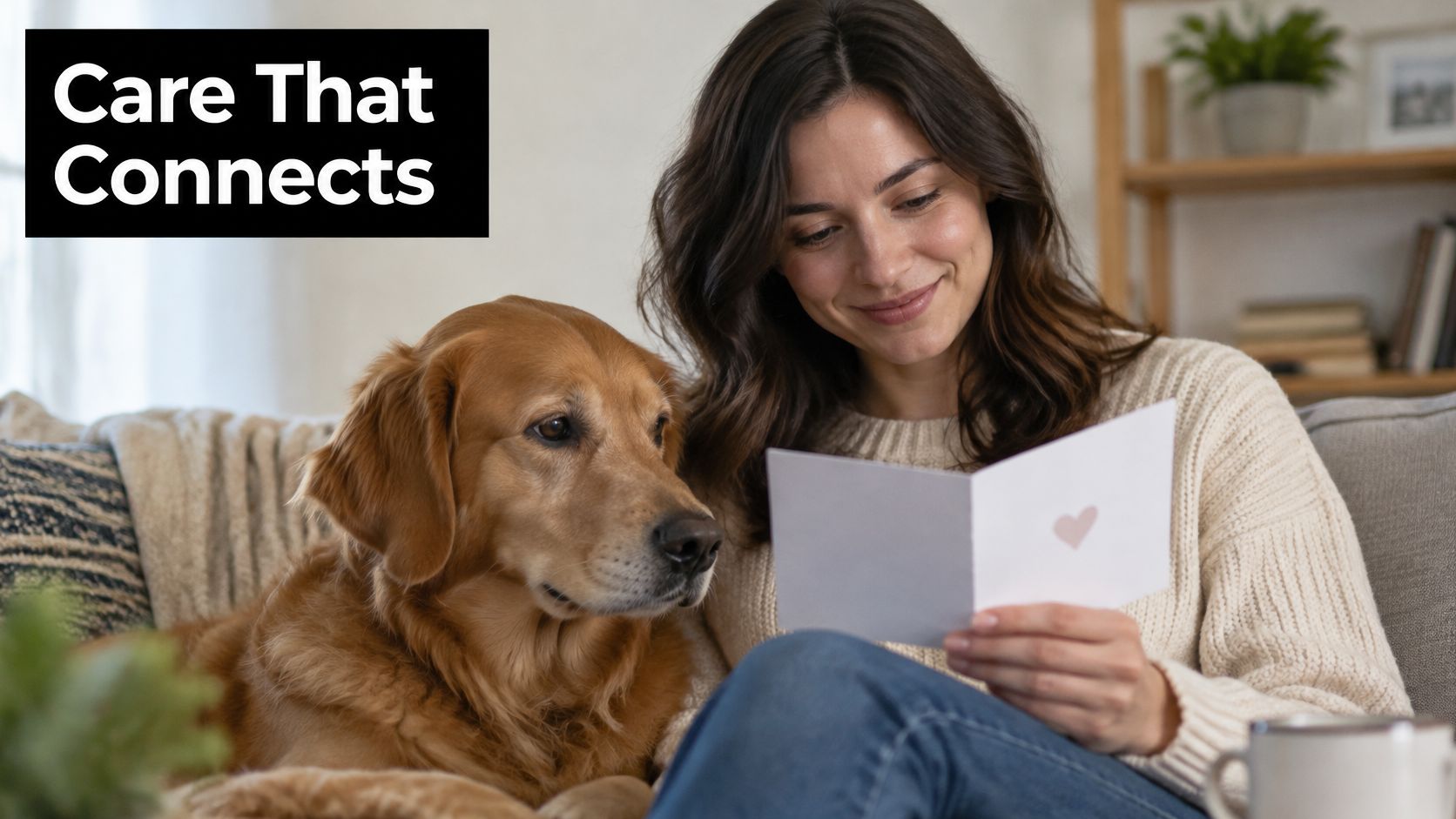 A smiling woman reading a greeting card with a heart on it next to her golden retriever.