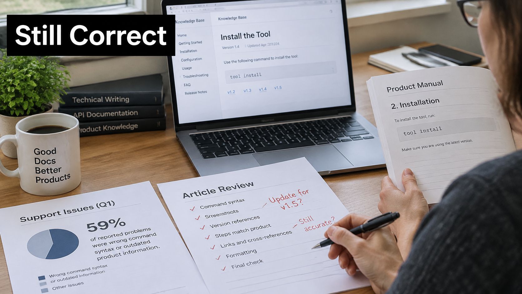 A professional working on documentation review with a laptop, physical manual, and a support issues report.