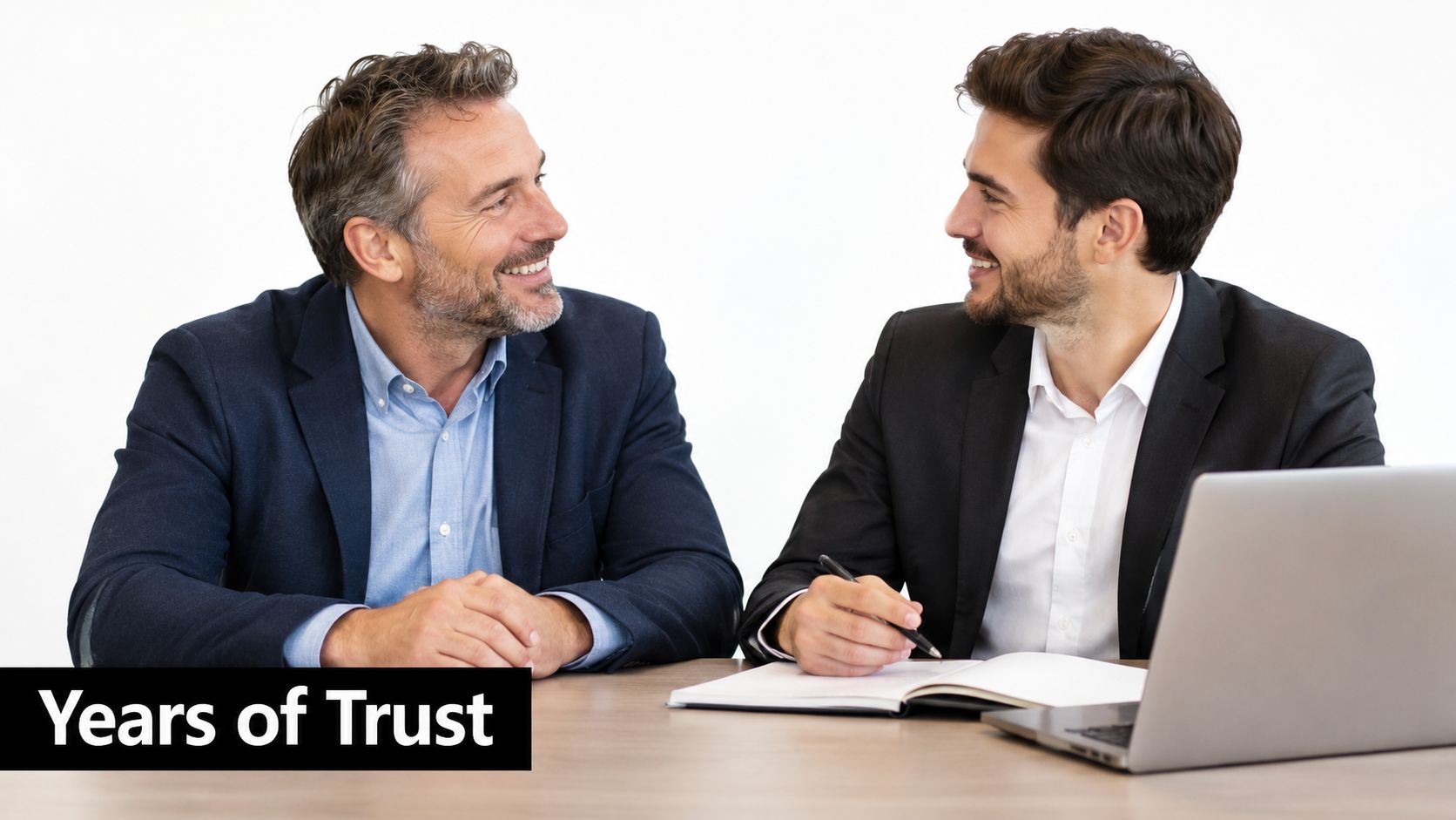 Two professional businessmen smiling and collaborating at a desk with a laptop and a notebook.