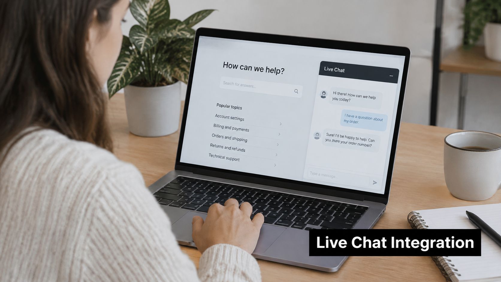 A person uses a laptop to interact with a knowledge base chatbot interface for customer support.