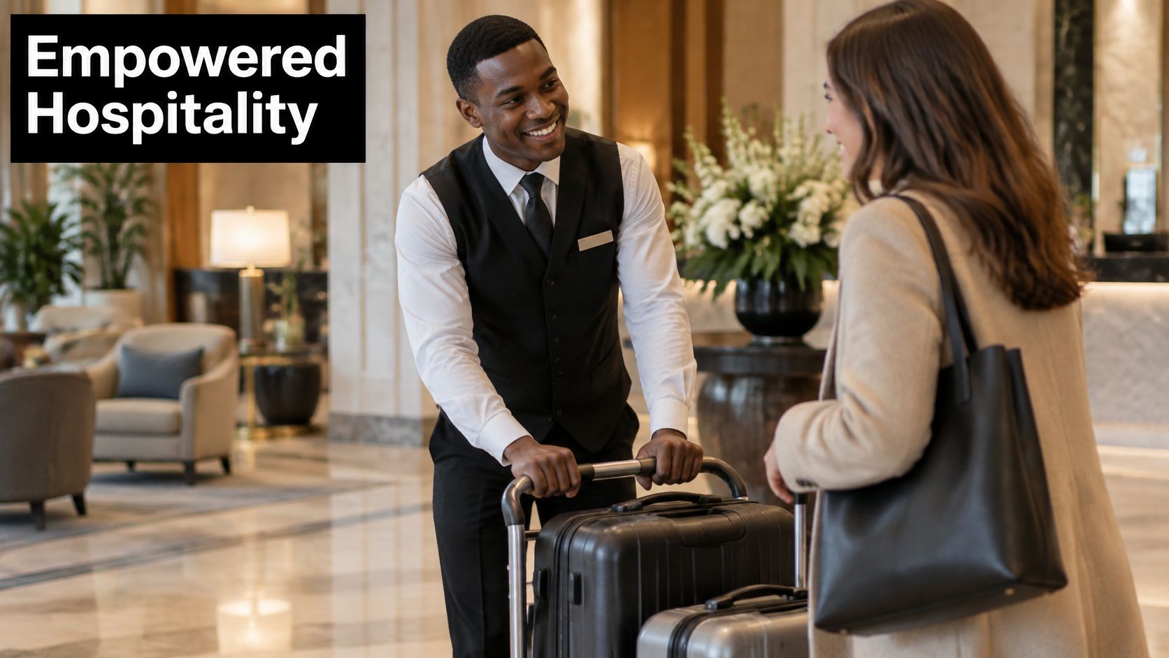 A friendly hotel bellman assisting a female guest with her luggage in a luxurious hotel lobby.