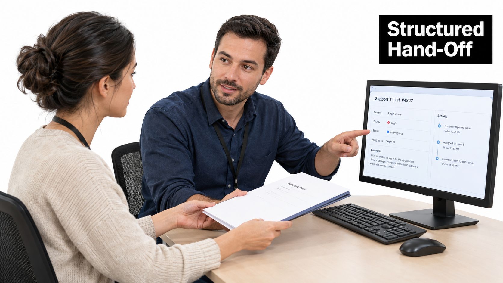 A professional man and woman discussing a support ticket on a computer screen in an office.