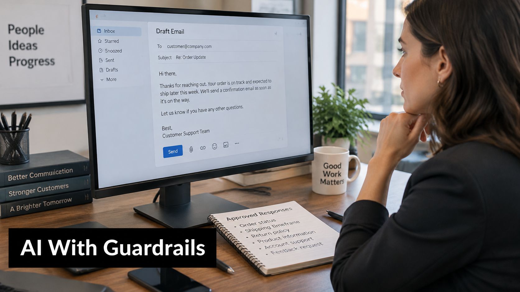 A professional woman working at a desk using AI software to draft customer support email responses.