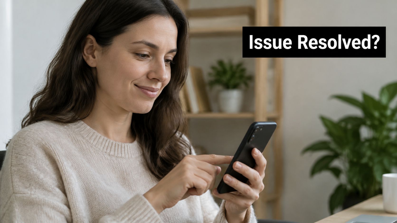 A woman smiling while looking at her smartphone to provide feedback on a CSAT survey question.