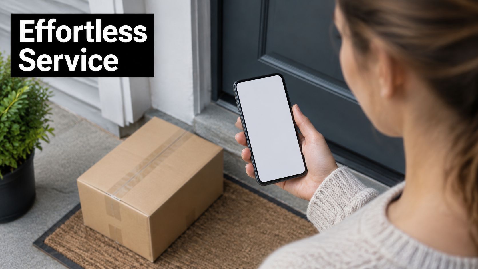 A woman holding a smartphone near a delivered package on a doorstep in front of a house.