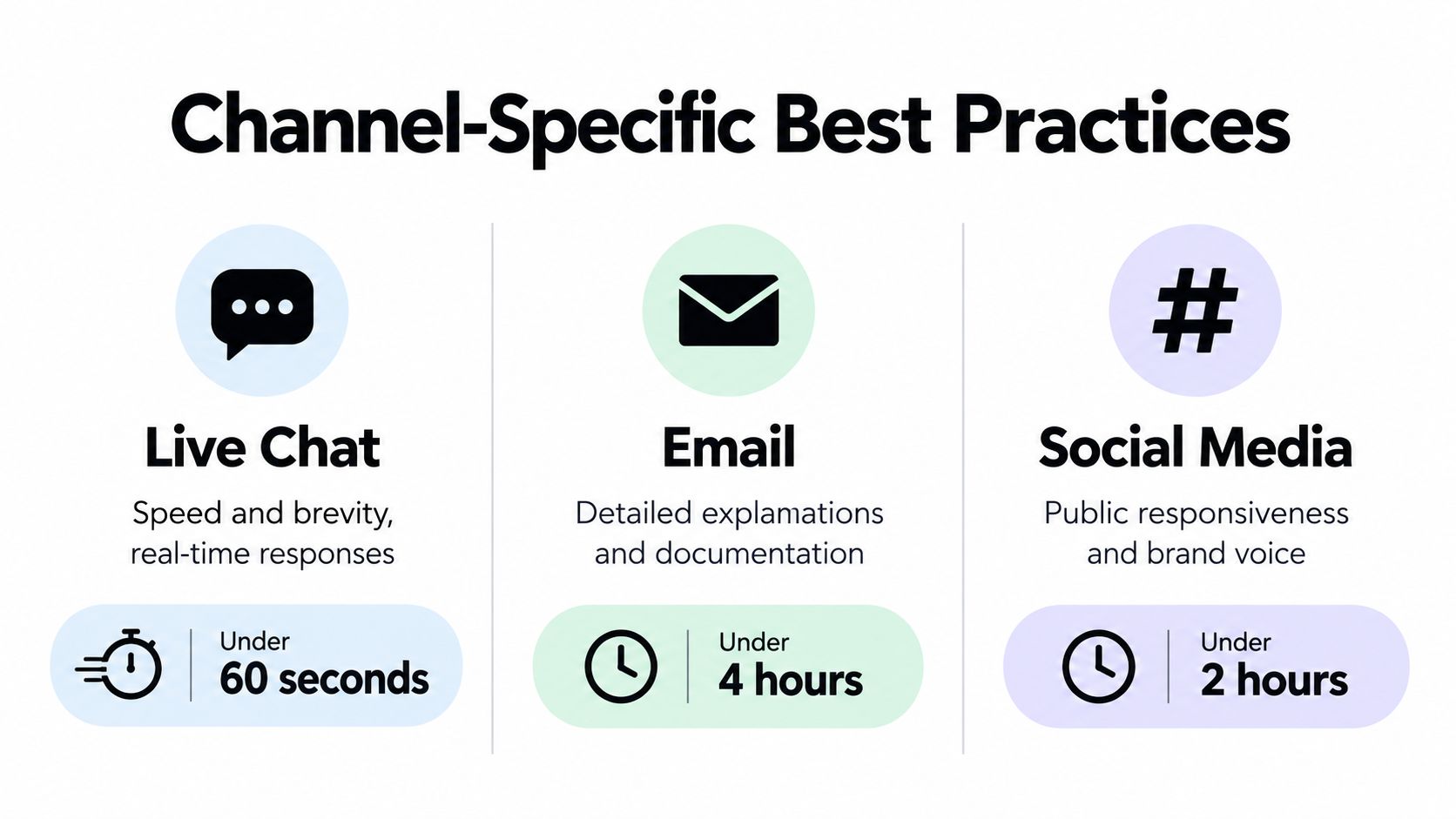 An infographic showing recommended customer support response time best practices for live chat, email, and social media channels.