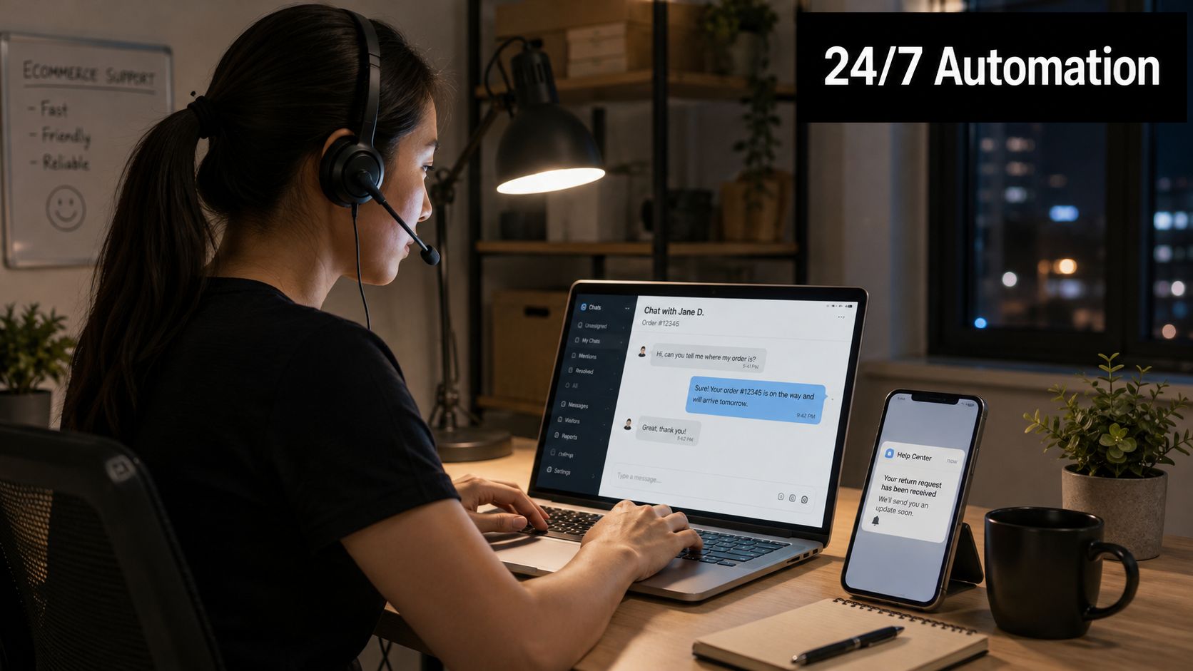 A professional customer support agent working on a laptop with an automated chat interface at night.