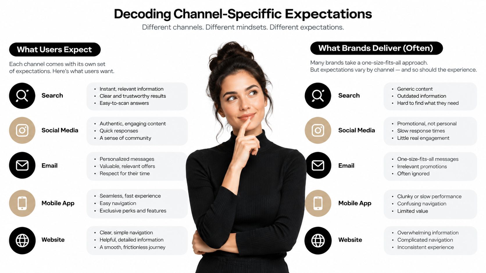 A woman thinking while looking at a chart comparing user expectations versus brand delivery across channels.