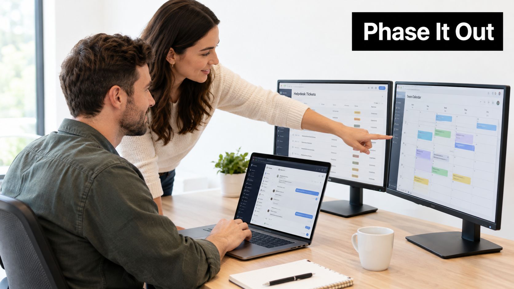 A man and woman collaborating on ecommerce strategy while viewing team calendars and chatbots on computer screens.