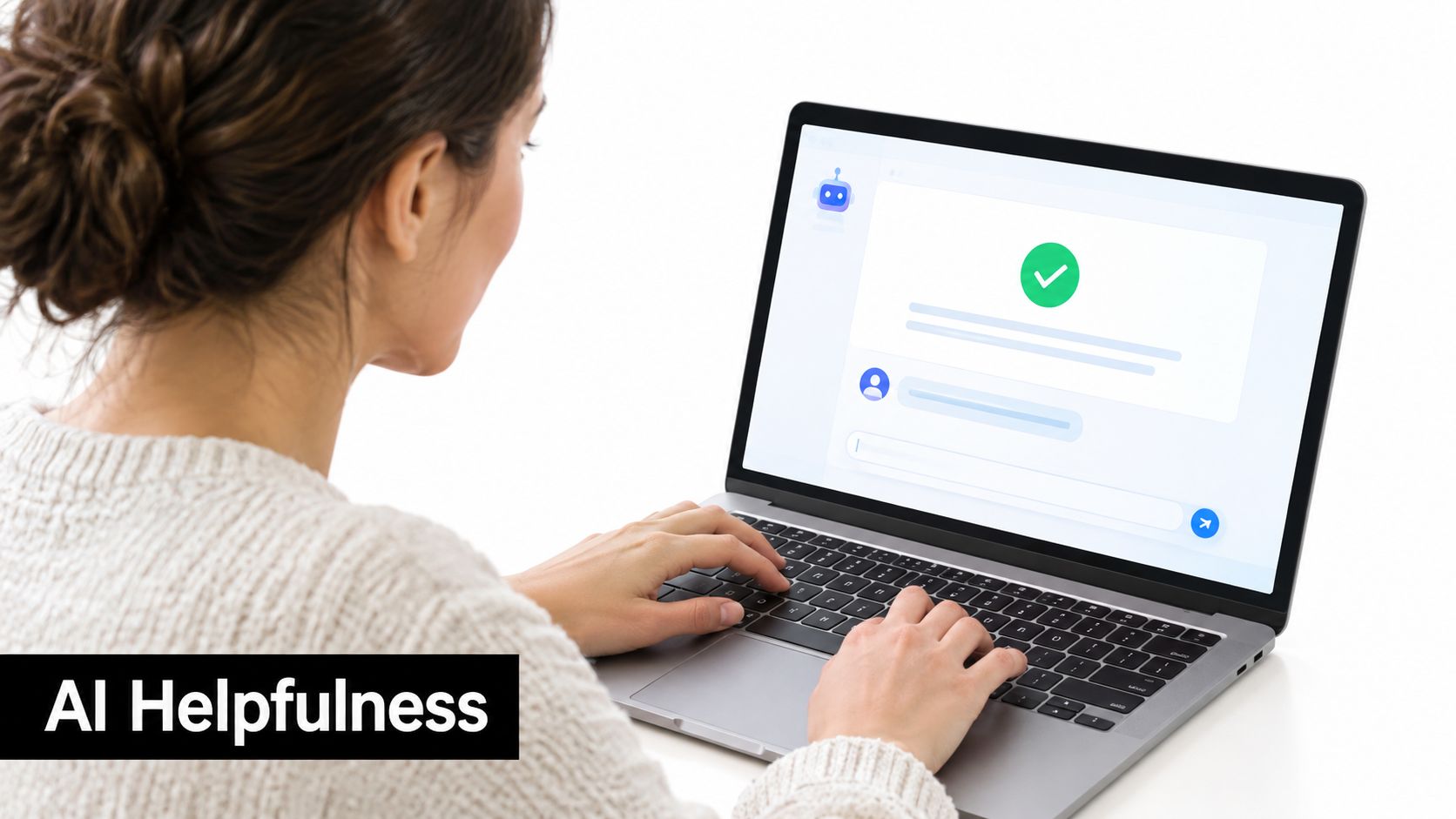 A woman using a laptop to complete a digital customer satisfaction survey with a green checkmark.