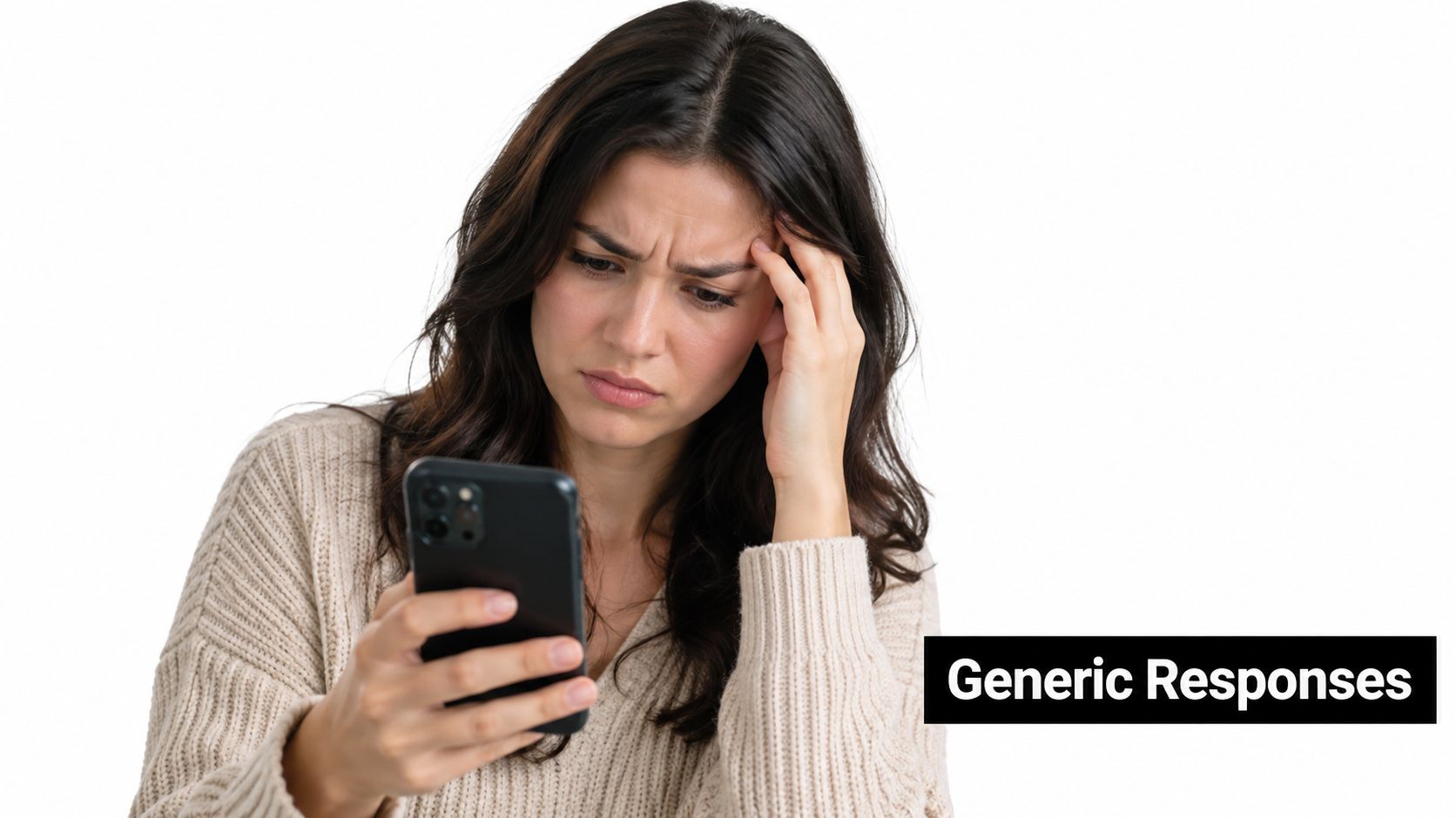 A concerned woman holding a smartphone and looking at the screen with a frustrated facial expression.