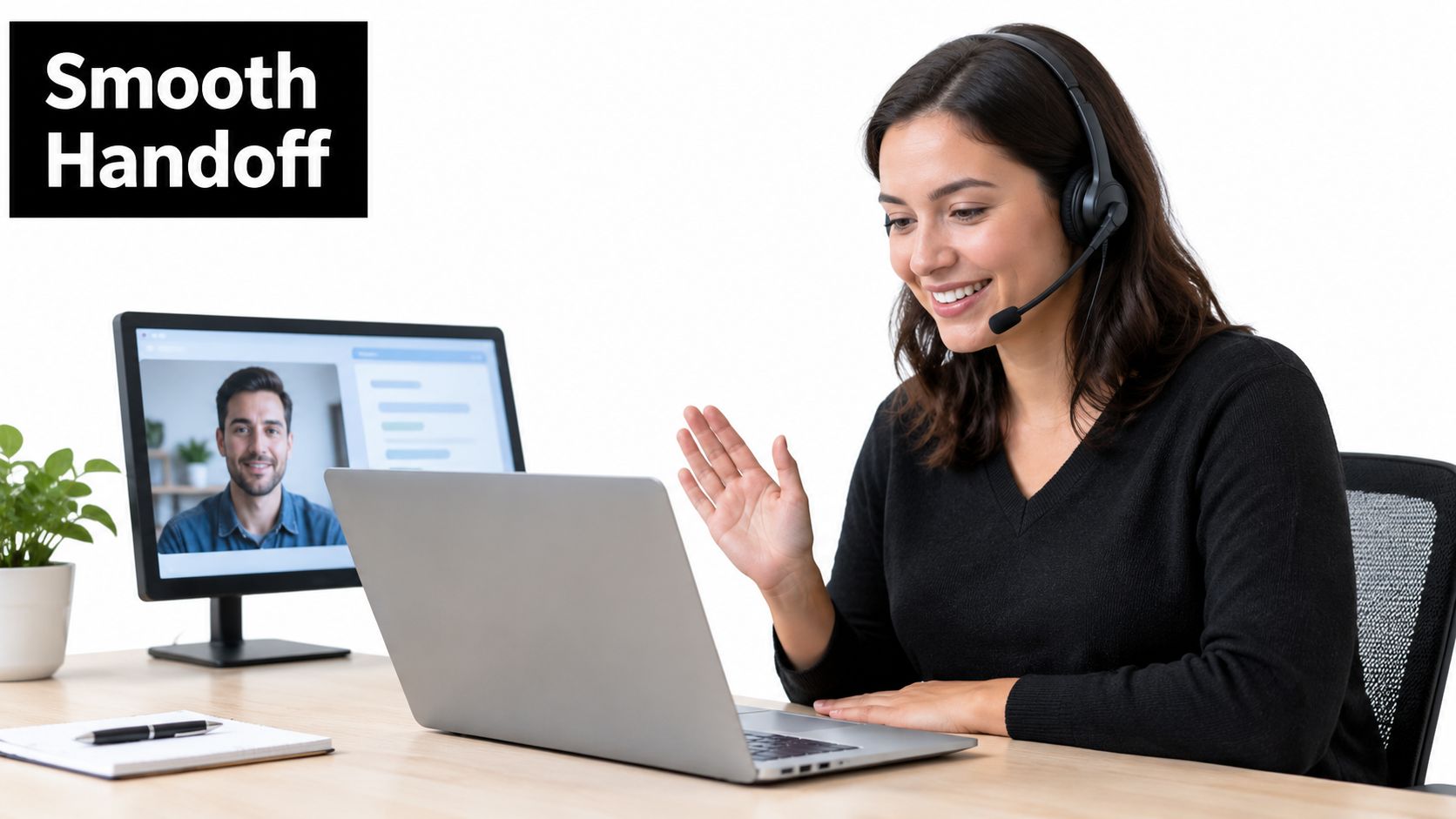 A professional woman wearing a headset, smiling and waving while on a video call on her laptop.
