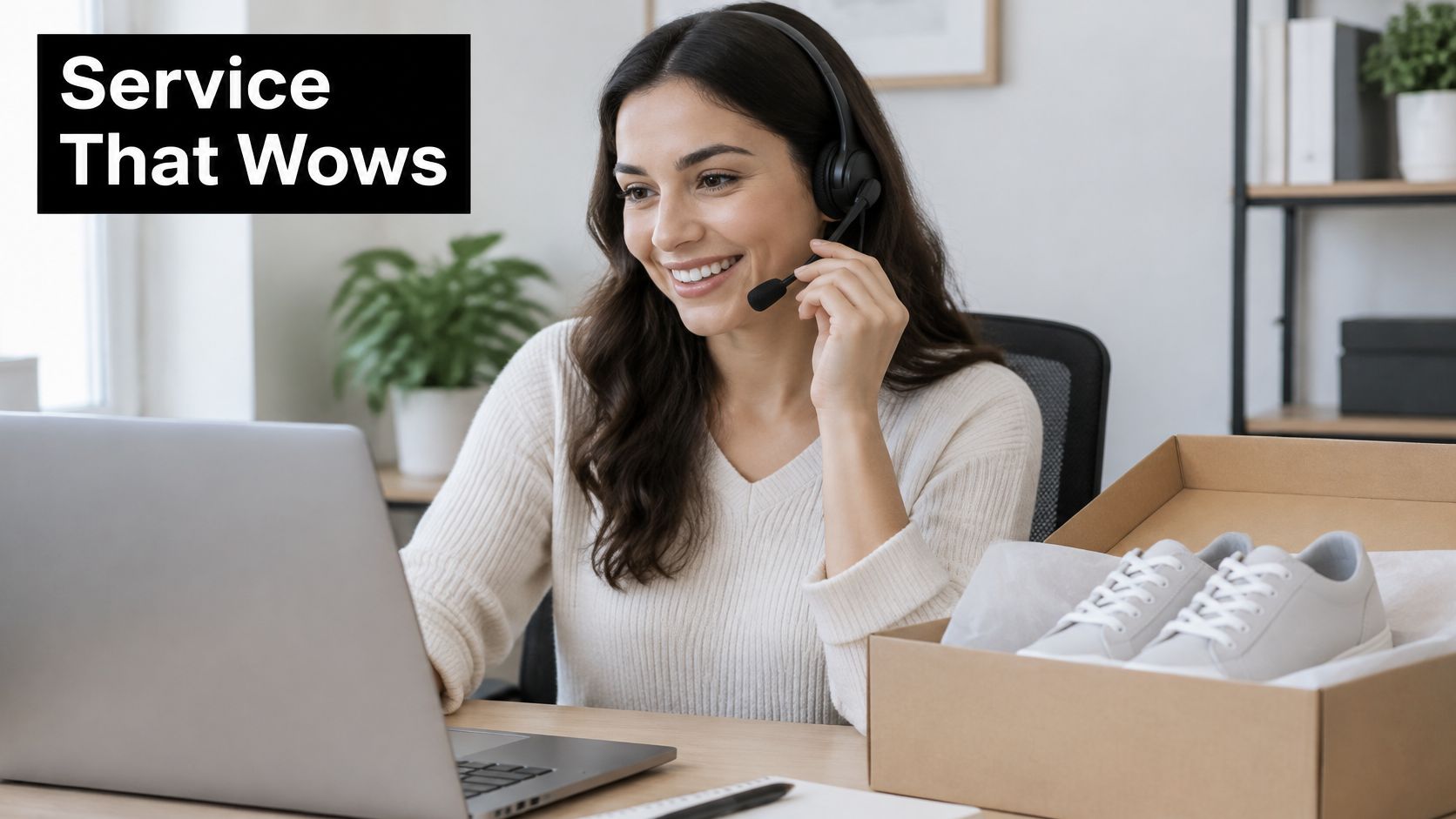 A friendly customer service representative wearing a headset and smiling while helping a customer with online orders.
