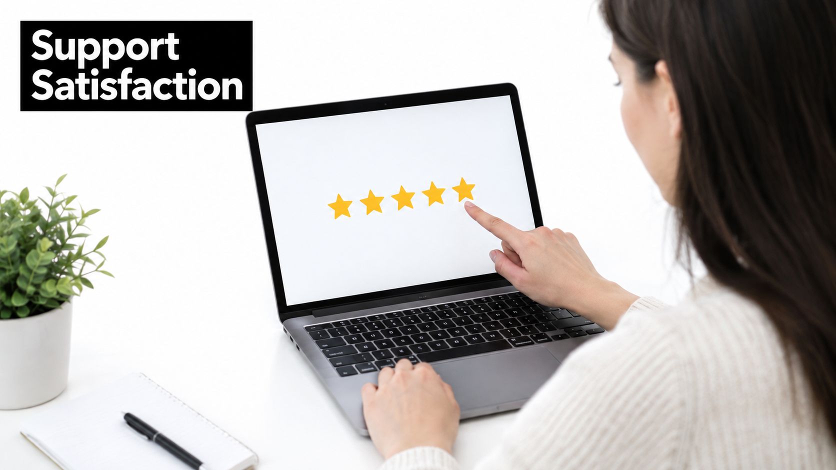 A woman giving a five-star rating on her laptop for a support satisfaction survey.
