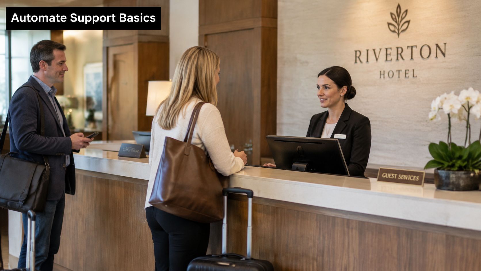 A hotel receptionist assisting two guests with their check-in process at a modern reception desk.