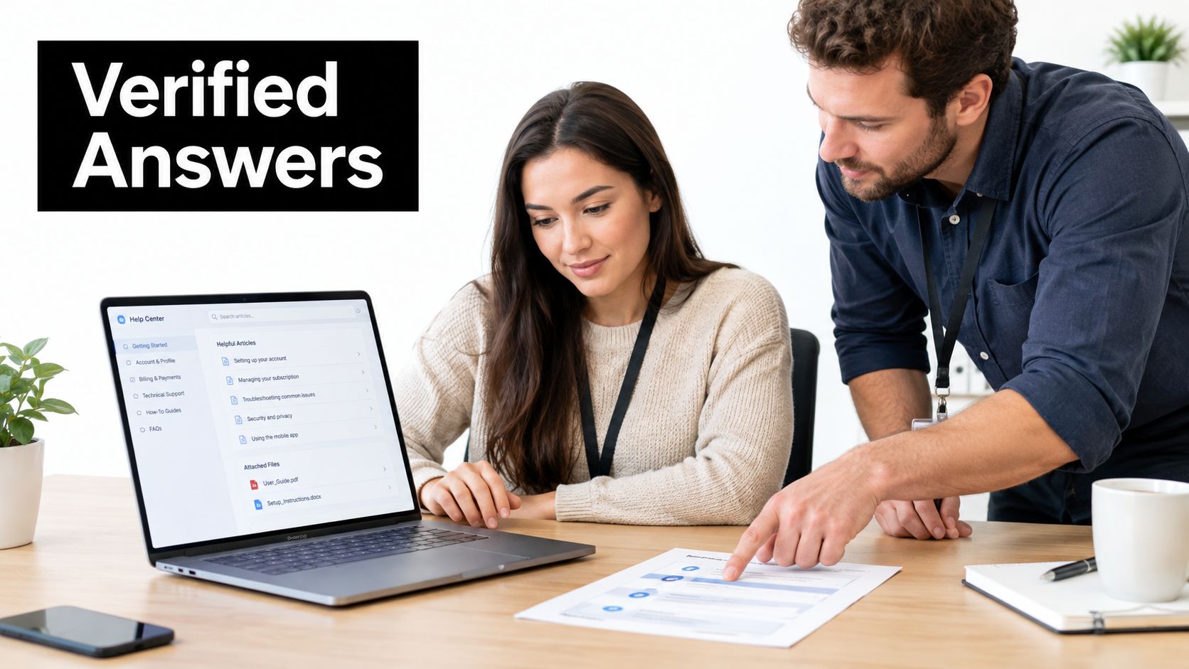 A man and woman collaborating while looking at a laptop and documents in a bright office.