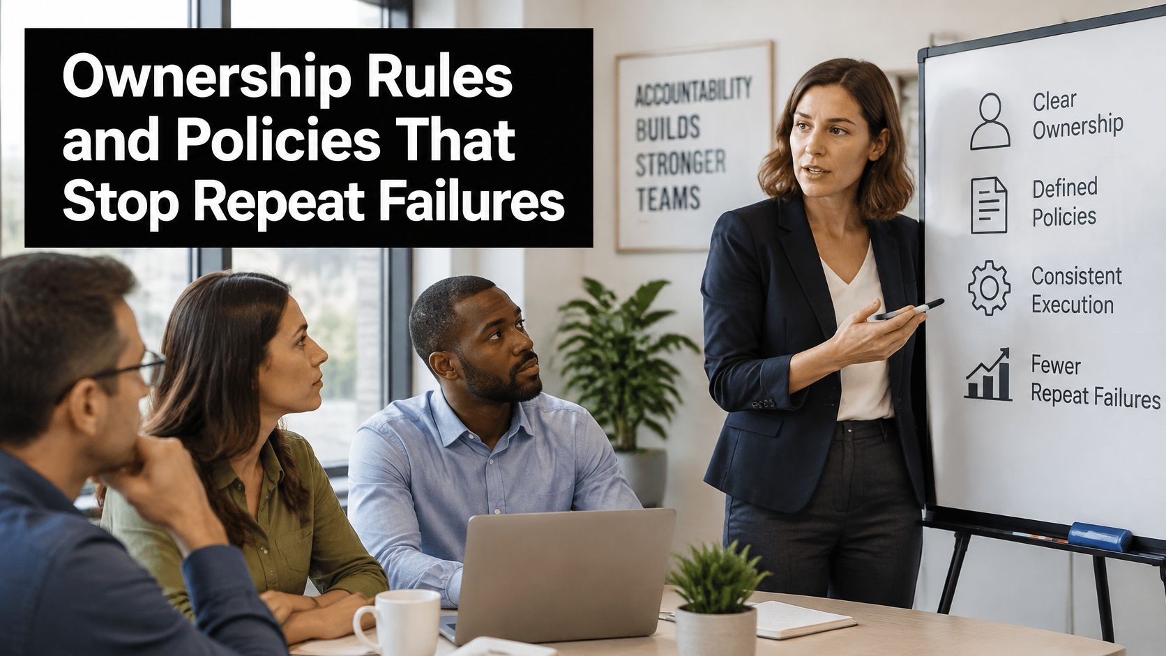 A professional woman presenting business strategies on a whiteboard to a small attentive team in an office.