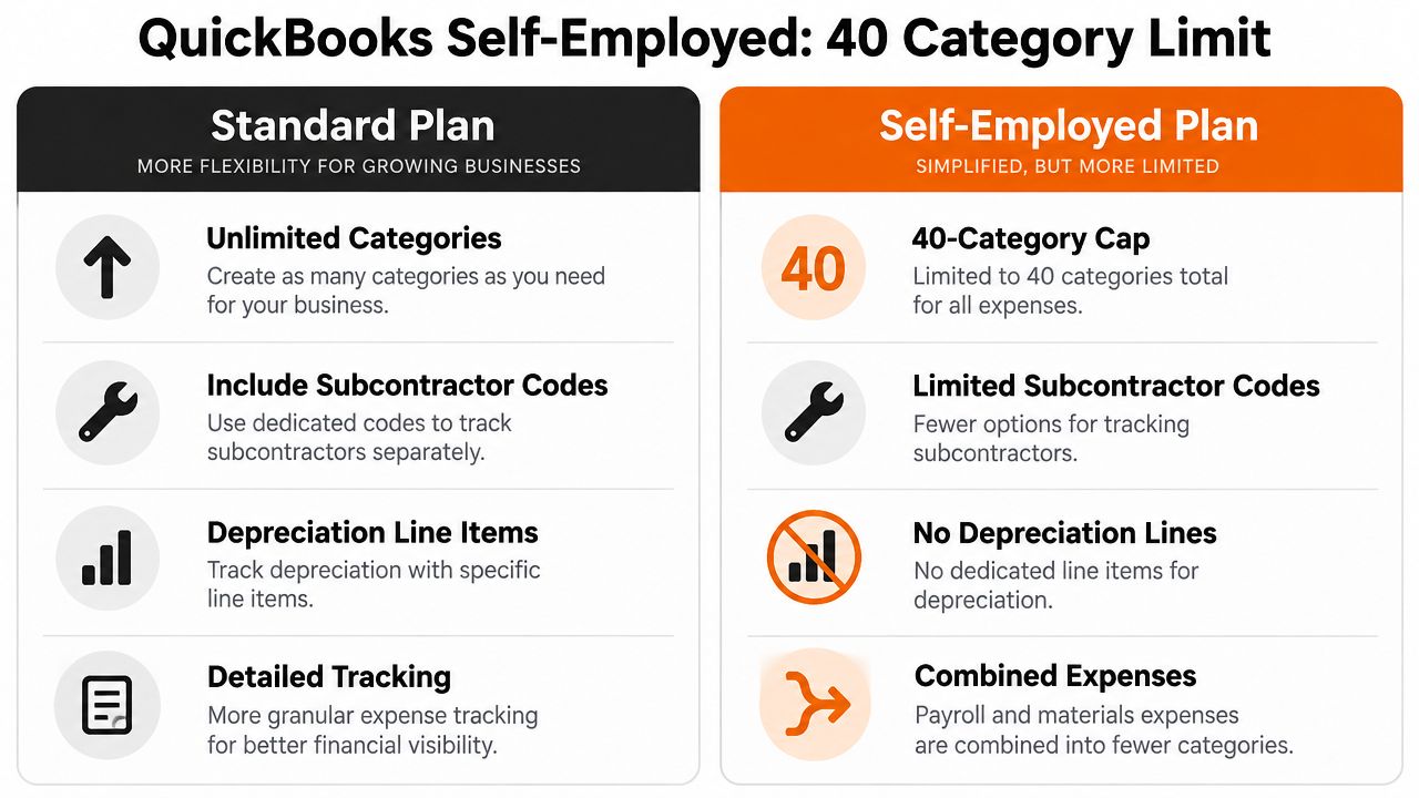 A comparison table outlining the differences between QuickBooks Standard Plan and Self-Employed Plan category limitations.